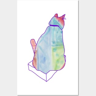 A colorful cat tries to sit in a little box Posters and Art